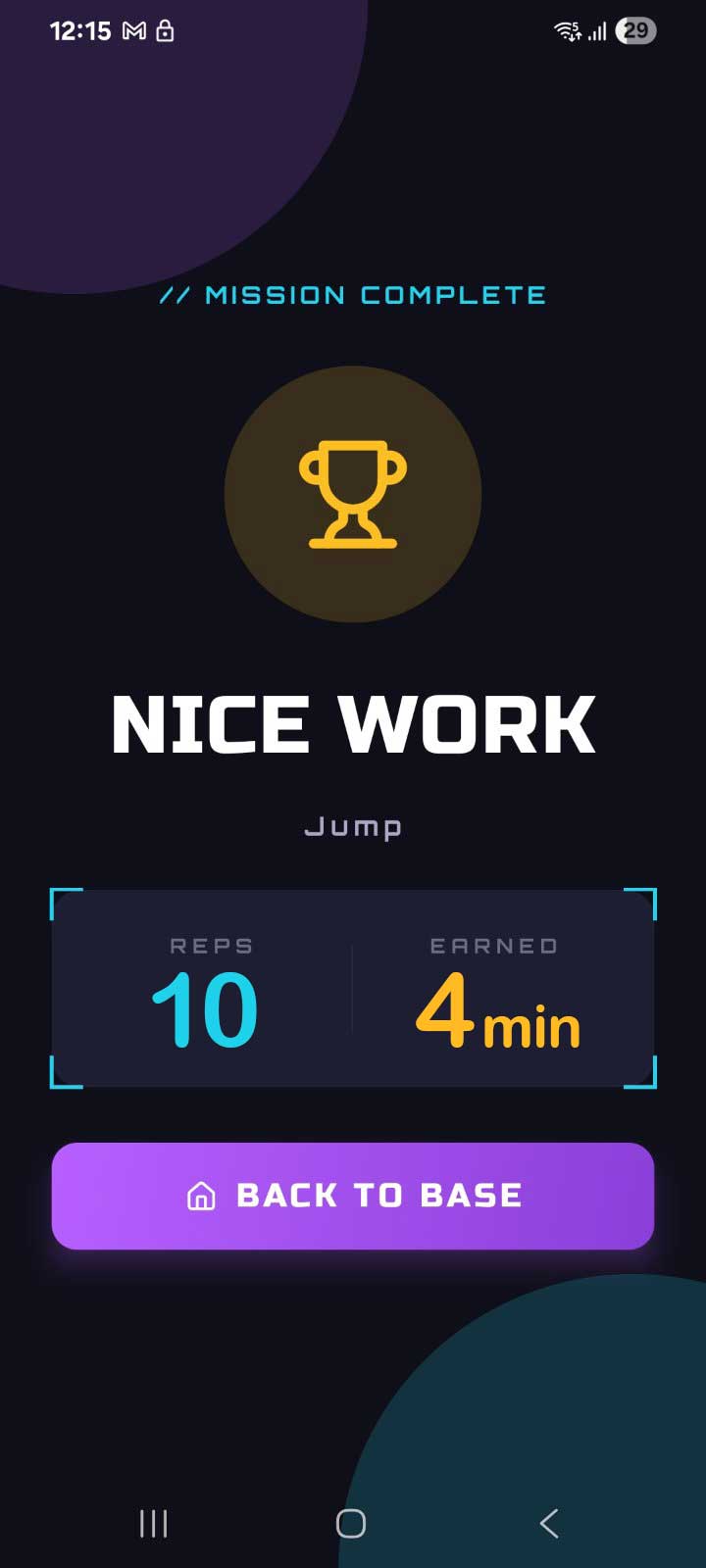 Pump a Jump mission complete screen showing reps and earned screen time