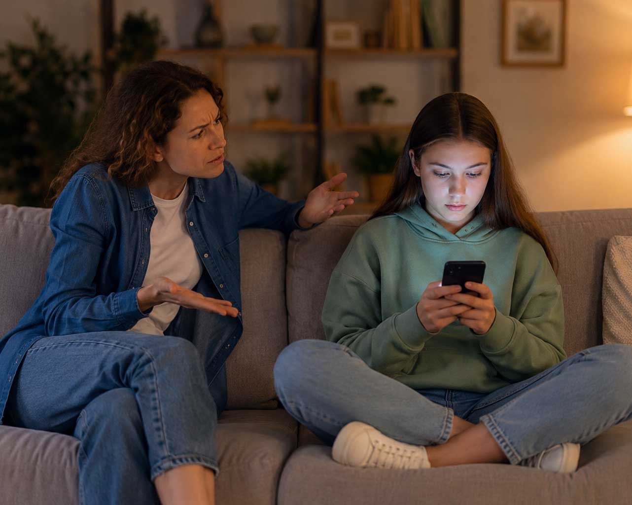Frustrated parent and child arguing over screen time